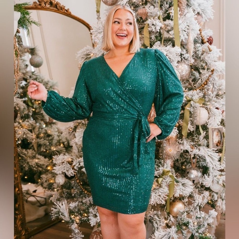 Ivy City Co NWT Jagger Sequin Belted Dress Green Long Sleeve Plus Size 4XL